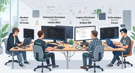 Best Java IDE 2026 Makes You Faster? IntelliJ vs Eclipse vs VS Code VS Other 4 Illustration showing different developers using VS Code, IntelliJ IDEA, Eclipse, and Cursor based on their use case