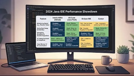 Best Java IDE 2026 Makes You Faster? IntelliJ vs Eclipse vs VS Code VS Other 3 Java IDE performance comparison showing IntelliJ, VS Code, Eclipse, and Cursor benchmarks in real-world development scenarios