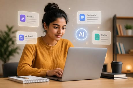 Best Free Generative AI Tools in 2026 — What They Can (and Can't) Do 5 Student using free AI tools in 2026 for assignments, research, and note-taking on a laptop