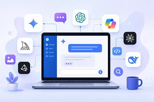 Best Free Generative AI Tools in 2026 — What They Can (and Can't) Do 4 Illustration showing best free generative AI tools in 2026 including ChatGPT, Gemini, and Perplexity