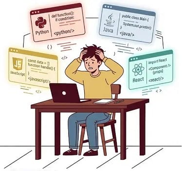 Java Developer Job for Tier-3 College Students - Honest Roadmap 2026 6 Illustration of a student overwhelmed by learning too many programming languages at once instead of focusing on Java