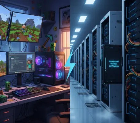 Comparison between local PC hosted Minecraft Java server and professional hosting server setup.