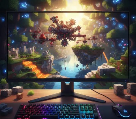 Minecraft Java Edition gameplay on PC showing mod support, redstone machines, and custom shaders