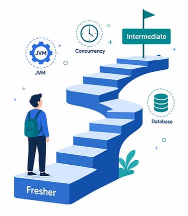 Java Interview Questions for Freshers: 30 Real Q&As (2026) 4 Illustration of a Java developer progressing from fresher level to intermediate level skills