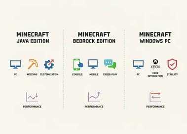 Minecraft Java vs Bedrock vs Windows Edition comparison showing platforms, features, and gameplay differences 