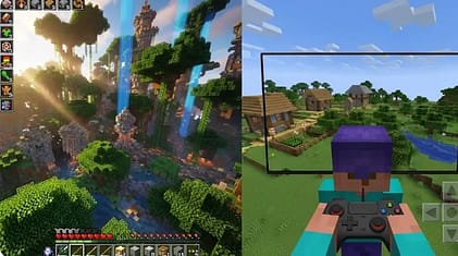 Side-by-side gameplay comparison of Minecraft Java Edition and Bedrock Edition performance in 2026