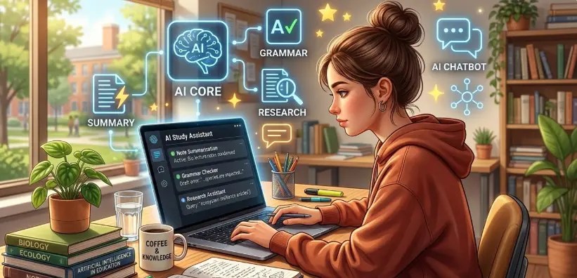 college student using AI tools for studying on laptop