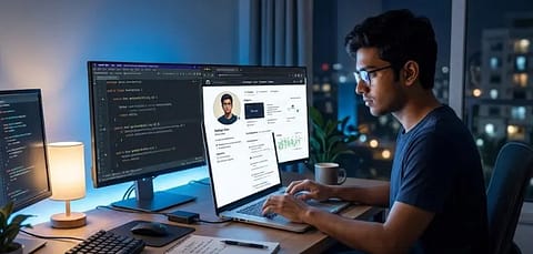 Fresher building Java developer portfolio projects on laptop