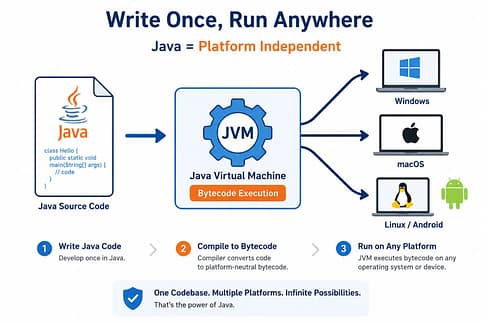 Diagram showing how Java bytecode runs on Windows, Mac, and Linux through the JVM, illustrating write once run anywhere