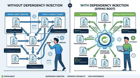 What is Dependency Injection in Spring Boot? Simple 2026 Guide for Beginners 4 Diagram showing dependency injection in Spring Boot with IoC container injecting dependencies into Java classes