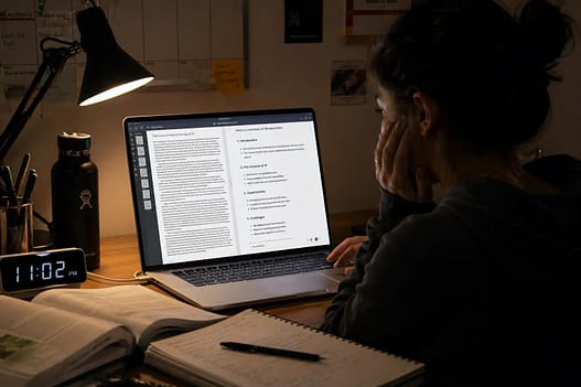 Student using an AI tool to summarize a long PDF for study late at night with laptop and notes