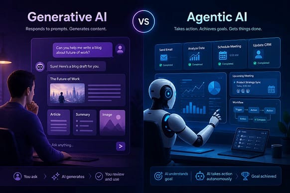 Agentic AI vs Generative AI: Simple Explanation (With Real Examples) 4 Illustration showing the difference between generative AI creating content and agentic AI performing autonomous tasks