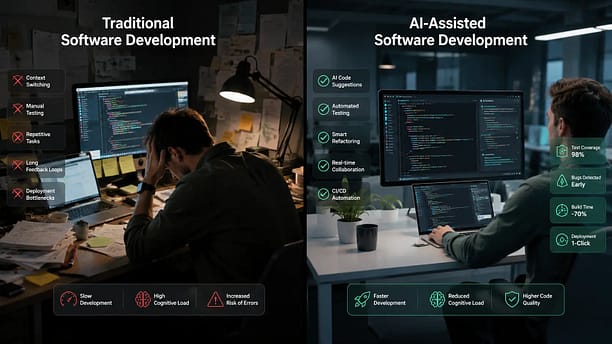 How Generative AI is Used in Software Development 2026 4 Comparison between traditional coding workflow and generative AI powered software development