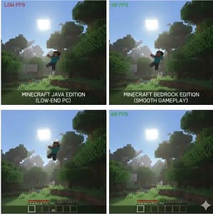 Minecraft Java vs Bedrock performance comparison showing FPS differences on low-end and high-end PCs