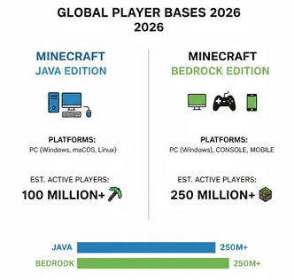 Comparison of Minecraft Java and Bedrock edition active player counts in 2026