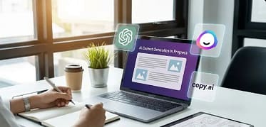 AI content writing with ChatGPT, Jasper, and Copy.ai on laptop