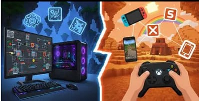 Split screen visual comparison of Minecraft Java and Bedrock editions showing PC mods and console crossplay features