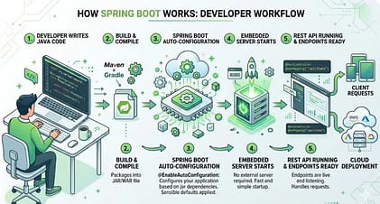 Illustration showing how Spring Boot auto configuration and embedded server run a Java application
