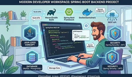 Spring Boot Roadmap for Freshers 2026: Step-by-Step Guide to Learn It Without Getting Lost 4 Developer building a Spring Boot REST API project with database and backend architecture concepts