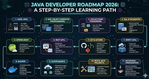 Step-by-step Java developer roadmap showing core Java, Spring Boot, databases, Docker, and cloud skills for beginners in 2026
