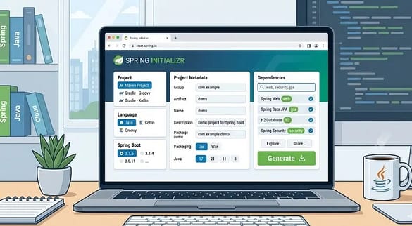 Spring Boot Initializr: Easy Guide to Set Up Your First Project in Under 5 Minutes 3 Spring Boot Initializr interface showing project setup options like Maven, Java version, dependencies, and Generate button