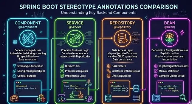 What is Bean in Spring Boot? 4 Powerful Ways IoC Container Creates Beans 5 component vs service vs repository vs bean in spring boot comparison diagram