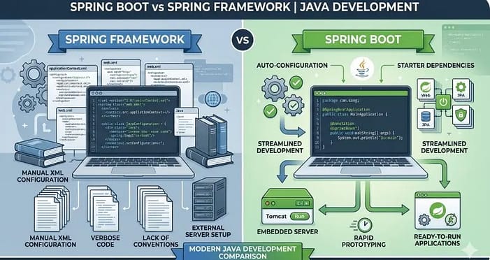 What Is Spring Boot in Java? A Beginner’s Complete Guide (2026) 4 Diagram showing the difference between Spring Framework and Spring Boot including auto configuration and embedded server