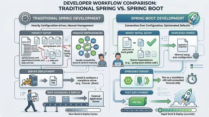 Spring vs Spring Boot: 7 Key Differences You Must Know 4 Illustration comparing traditional Spring development workflow with Spring Boot simplified development process.
